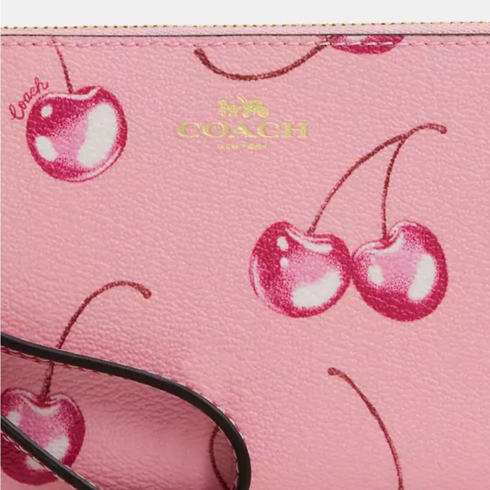 NWOT Coach Corner Zip Wristlet w/ Cherry Print, Pink/Gold - Picture 5 of 8